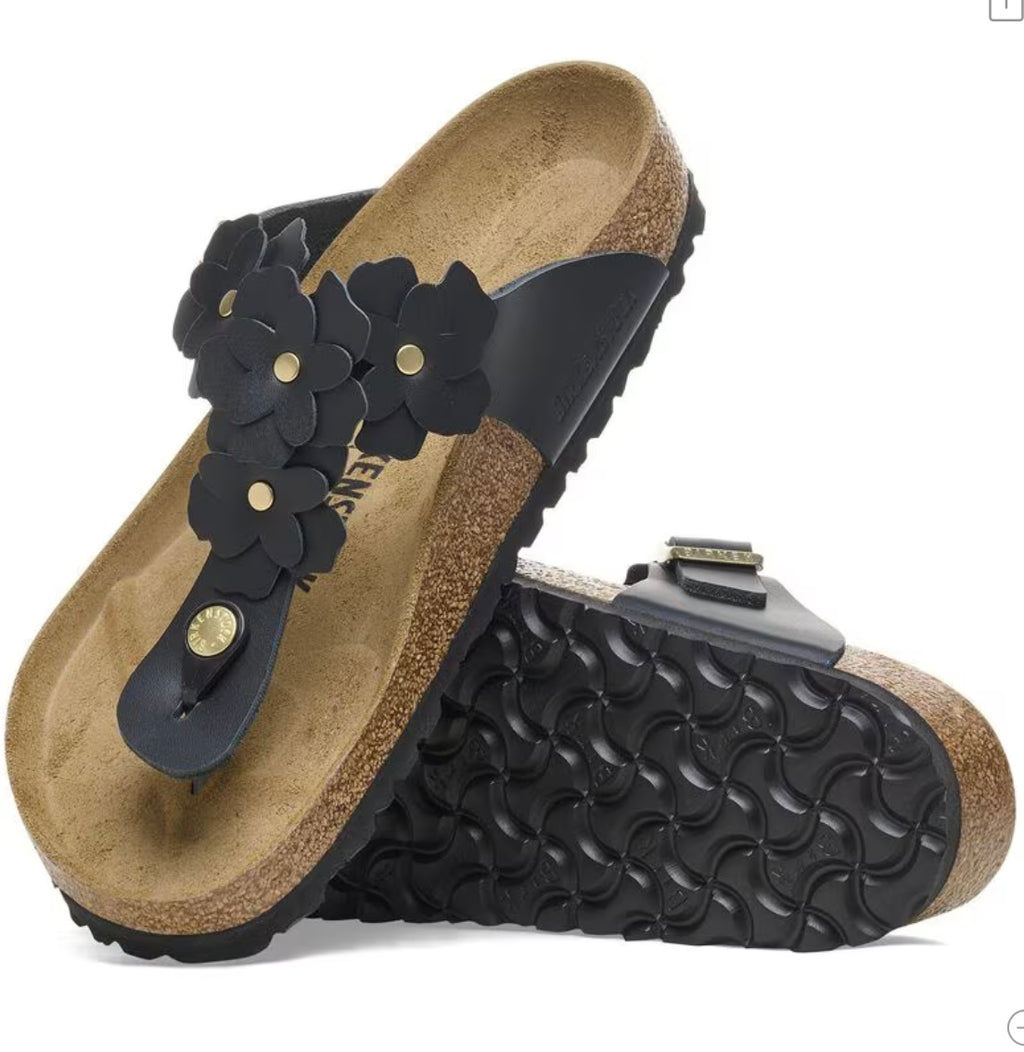 Birkenstock Gizeh Flowers black - Natural Leather - 1026693 Calzata Normale