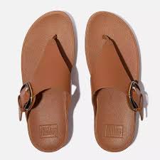 FitFlop LULU RESIN-BUCKLE LEATHER TOE-POST SANDALS DEEP TAN